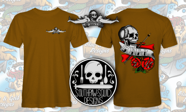 Brown t-shirt with skull and sonar logo.