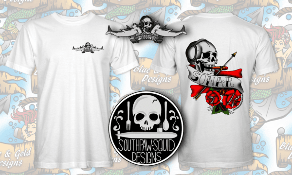 White t-shirt with skull and sonar design.