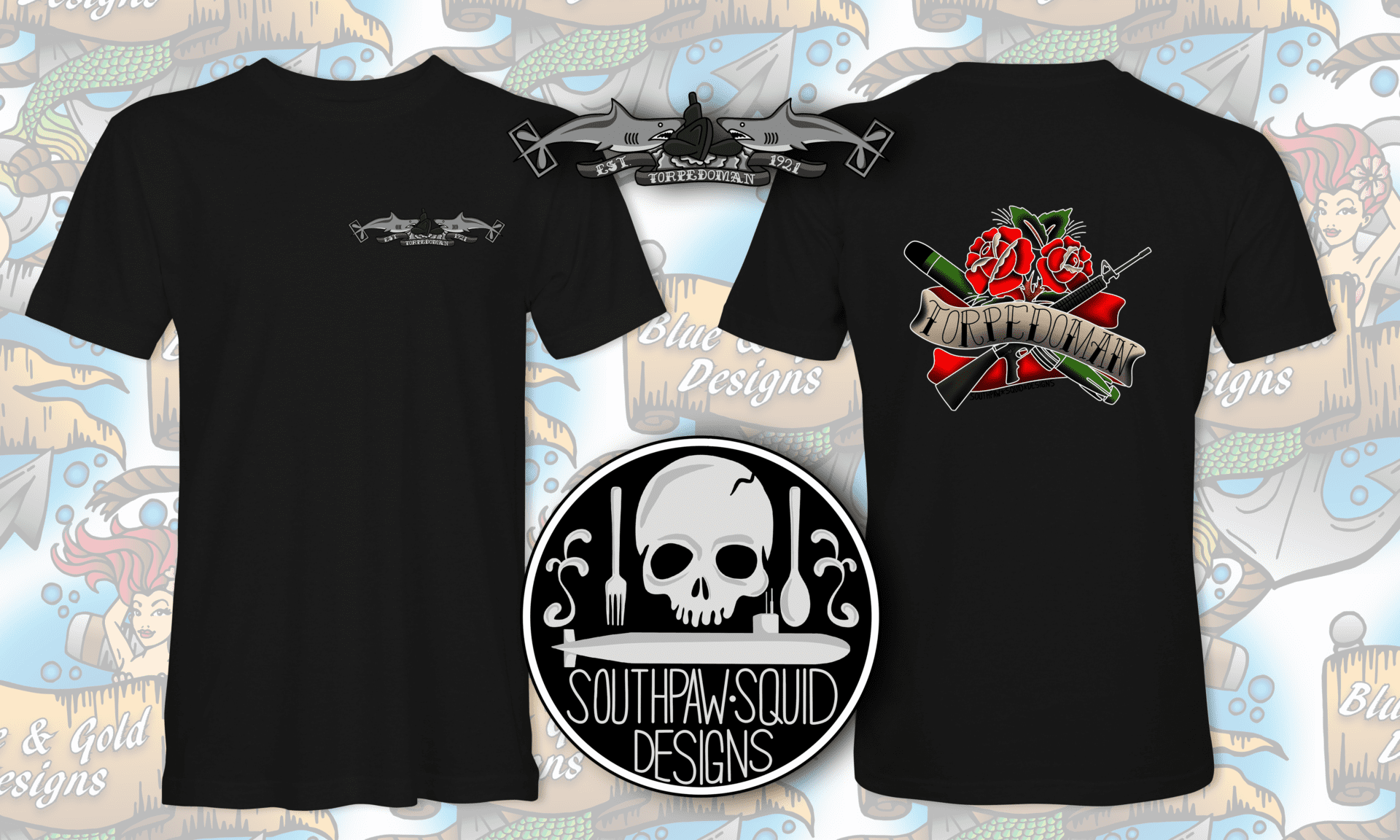 Black T-shirt with "Torpedoman" design.