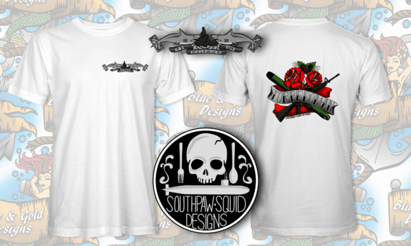 White t-shirt with submarine and skull design.