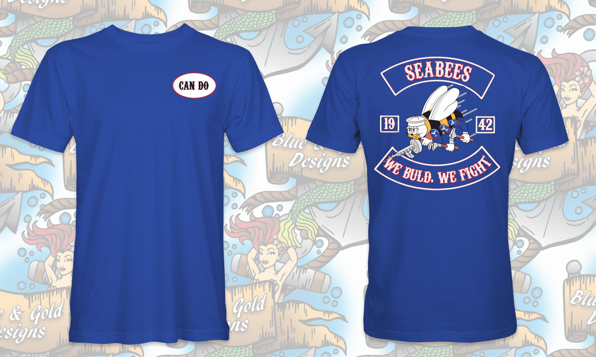 Blue t-shirt with Seabees logo.