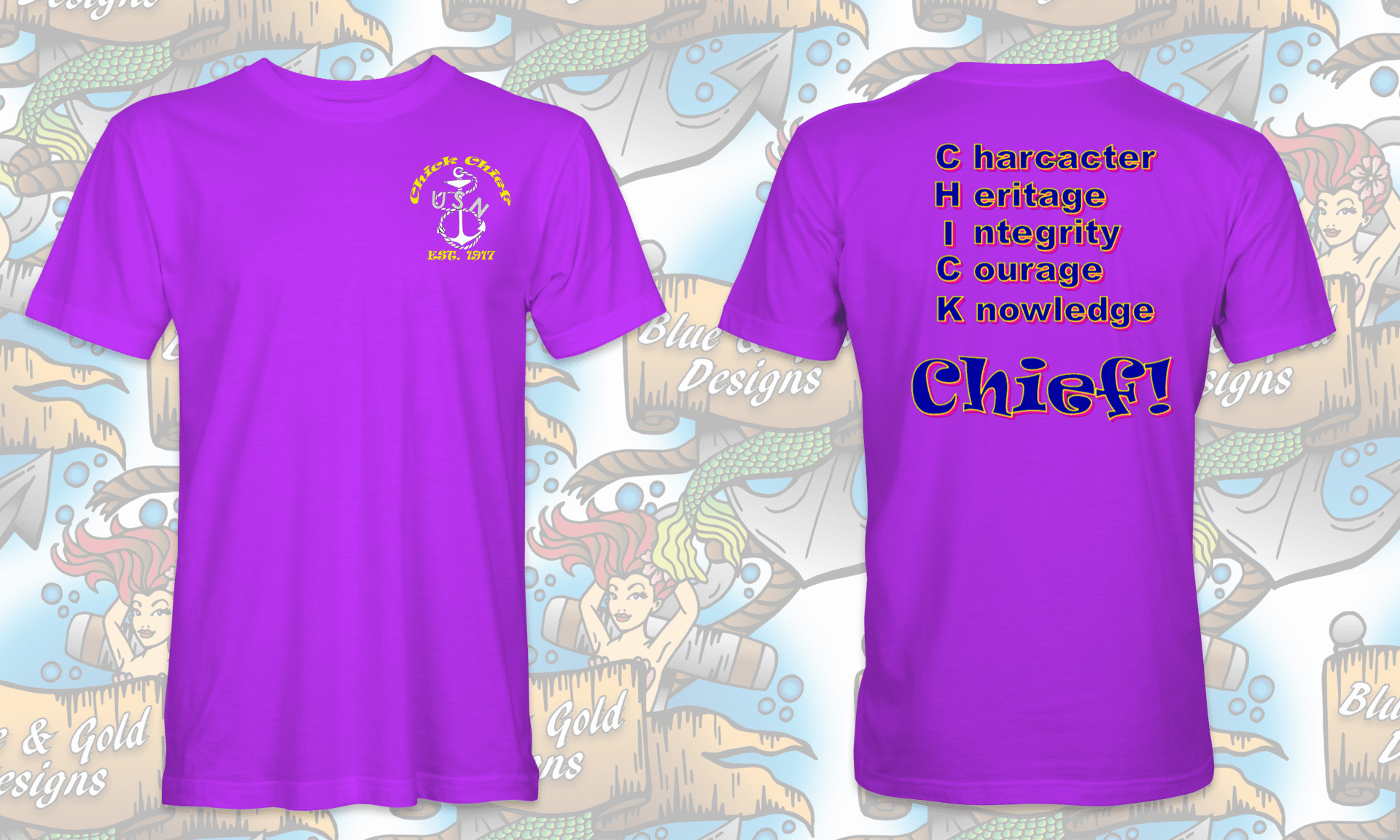 Purple t-shirt with "chief" and anchor design.