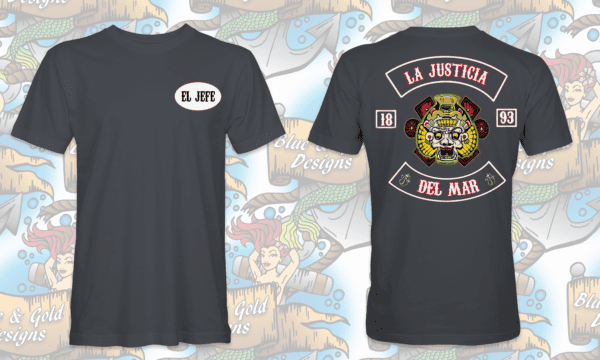 Dark grey t-shirt with El Jefe and La Justicia design.