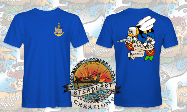 Blue t-shirt with Seabees logo and anchor.