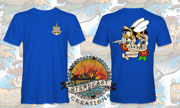 Blue t-shirt with Seabee and anchor design.