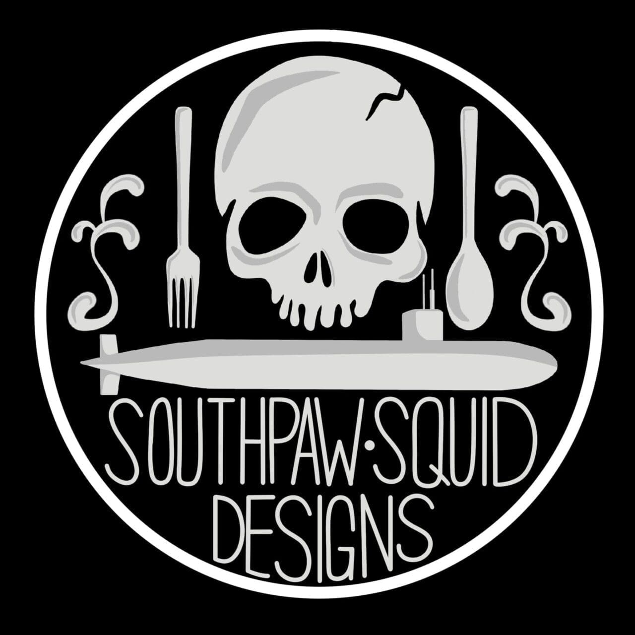 Southpaw Squid Designs logo with skull and submarine.