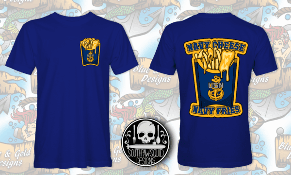 Navy blue t-shirt with cheese fries design.